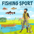 Fishing sport fisher and fish in net, vector