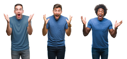 Poster - Collage of group of hispanic and african american men over isolated background celebrating crazy and amazed for success with arms raised and open eyes screaming excited. Winner concept