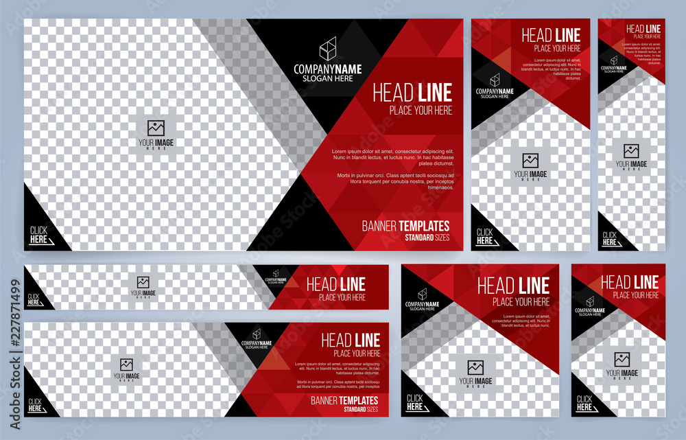 Red and Black Web banners templates, standard sizes with space for photo, modern design - obrazy, fototapety, plakaty 
