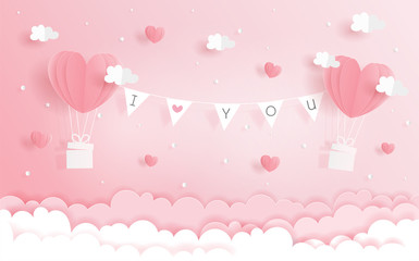 Wall Mural - Paper origami of love concept with heart balloons and banners hanging in the sky, Valentine's and wedding card in paper cut style vector. 