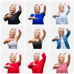 Sticker - Collage of beautiful blonde woman wearing differents casual looks over isolated background smiling making frame with hands and fingers with happy face. Creativity and photography concept.