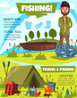 Fishing sport poster with fisherman and camping
