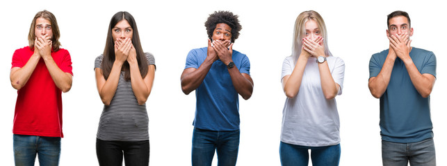 Wall Mural - Composition of african american, hispanic and caucasian group of people over isolated white background shocked covering mouth with hands for mistake. Secret concept.