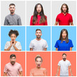 © Krakenimages.com - Collage of group of young people over colorful isolated background afraid and shocked with surprise expression, fear and excited face.