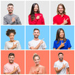 © Krakenimages.com - Collage of group of young people over colorful isolated background cheerful with a smile of face pointing with hand and finger up to the side with happy and natural expression on face
