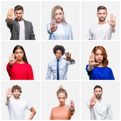 Wall Mural - Collage of group of young people woman and men over isolated background doing stop sing with palm of the hand. Warning expression with negative and serious gesture on the face.