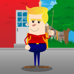 Schoolboy with a magic wand. Vector cartoon character illustration.