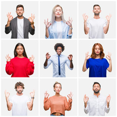 Sticker - Collage of group of young people woman and men over isolated background relax and smiling with eyes closed doing meditation gesture with fingers. Yoga concept.