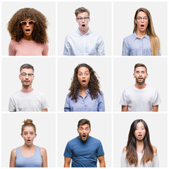 Poster - Collage of group of young people woman and men over white solated background afraid and shocked with surprise expression, fear and excited face.