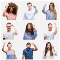 Poster - Collage of group of young people woman and men over white solated background angry and mad raising fist frustrated and furious while shouting with anger. Rage and aggressive concept.