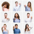 © Krakenimages.com - Collage of group of young people woman and men over white solated background looking unhappy and angry showing rejection and negative with thumbs down gesture. Bad expression.
