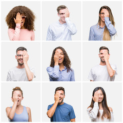 Canvas Print - Collage of group of young people woman and men over white solated background covering one eye with hand with confident smile on face and surprise emotion.