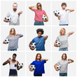 © Krakenimages.com - Collage of group of young and senior people holding soccer ball over isolated background with angry face, negative sign showing dislike with thumbs down, rejection concept