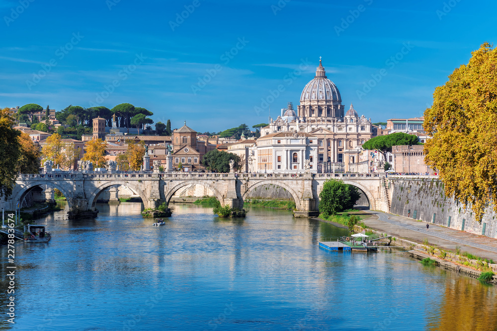 Rome Skyline with Vatican St Peter Basilica at sunny autumn day, Rome Italy.  - obrazy, fototapety, plakaty 