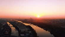 Frankfurt Aerial East Harbor River At Early Sunrise