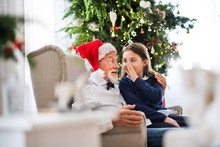 A Small Girl Telling A Secret To Her Grandfather With Santa Hat At Christmas Time.