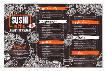 Sushi And Japanese Food Restaurant Menu In Sketch Hand Drawn Style On Chalkboard