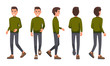 Vector illustration of walking men in casual clothes under the white background. Cartoon realistic people set. Flat young man. Front view man, Side view man, Back side view man, Isometric view. 