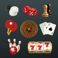 Wall Mural - Game realistic icons. Poker dice bowling gambling domino web casino symbols vector illustrations isolated. Chess and tennis ping pong, luck chance and risk