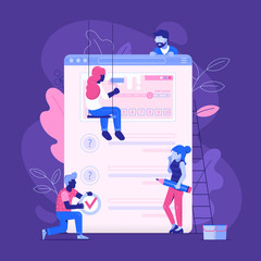 Wall Mural - Making client feedback survey concept in flat design. Team of people creating test application form or questionnaire for marketing research. Teamwork over user experience exploration UI illustration.