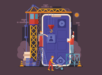 Wall Mural - Application development UI illustration in flat design. Mobile app building concept banner with industrial crane and team of workers developing and constructing applications.