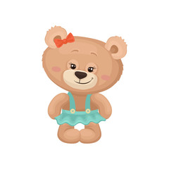 Wall Mural - girly teddy bear with pink cheeks and shiny eyes dressed in turquoise skirt. cute plush toy. flat ve