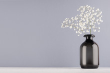 Modern Elegant Home Decor Of Black Transparent Smooth Glass Vase With Small Flowers On Pastel Grey Color Wall And White Wood Board.