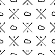 Vintage Hand Drawn Camping Seamless Pattern With Adventure Icons. Hiking Shapes - Matches And Carabiner. Retro Monochrome Design. Can Be Used For T Shirts, Prints. Stock Vector Symbols Isolated