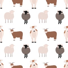 Wall Mural - Seamless pattern with cute farm animals on white background. Backdrop with domestic livestock - cow, goat, sheep, ram. Colorful vector illustration in flat cartoon style for fabric print, wallpaper.