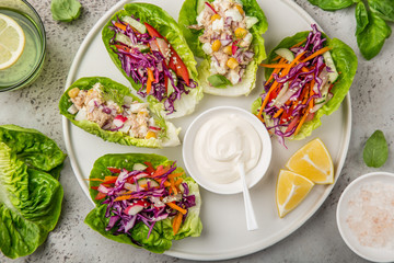 Sticker -  various lettuce wraps  on white plate