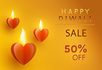 Wall Mural - Diwali offer with glowing paper hearts. 50 off discount sale poster on yellow background. Vector promo banner.