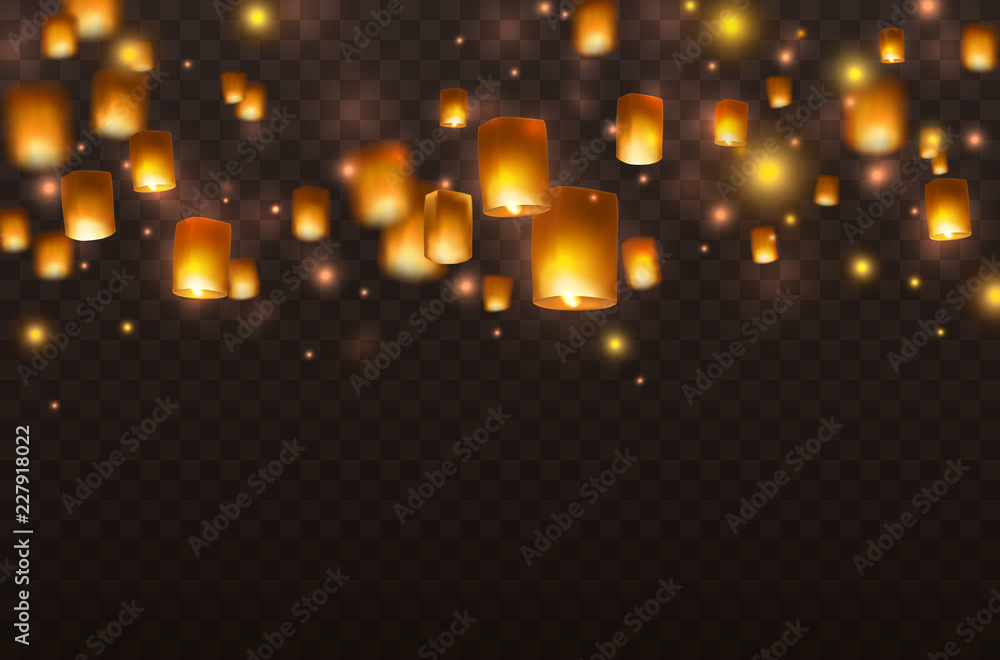 Lanterns isolated on transparent background. Diwali festival floating lamps. Vector indian paper flying lights with flame at night sky. - obrazy, fototapety, plakaty 