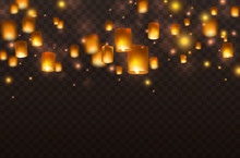 Lanterns Isolated On Transparent Background. Diwali Festival Floating Lamps. Vector Indian Paper Flying Lights With Flame At Night Sky.