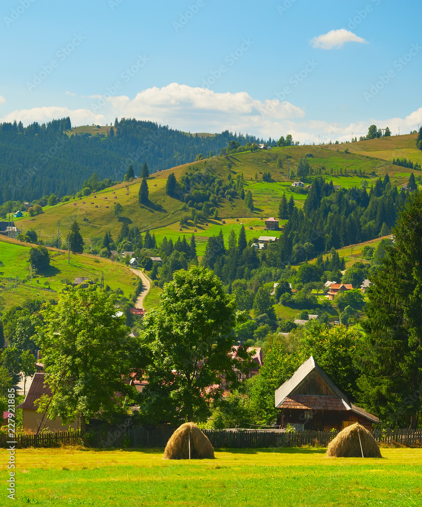 Carpathians mountains village landscape Ukraine - obrazy, fototapety, plakaty 