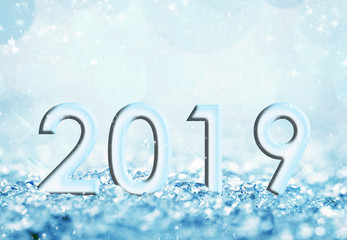 Wall Mural - 2019 blue snow and bokeh lights greeting card