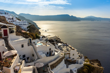 Wall Mural - Santorini, Greece. Picturesque view of traditional cycladic Oia Santorini's houses on cliff