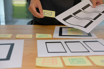 user experience ux designer designing web on smartphone tablet layout. ui planning mobile applicatio