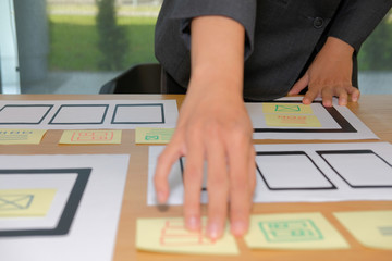 user experience ux designer designing web on smartphone tablet layout. ui planning mobile applicatio
