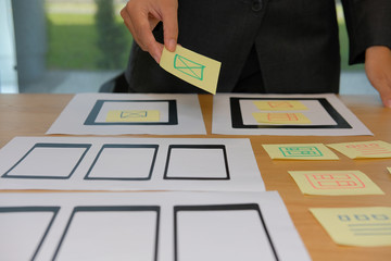user experience ux designer designing web on smartphone tablet layout. ui planning mobile applicatio