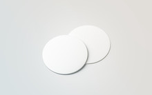Blank White Two Beer Coasters Mockup Set, Isolated, 3d Rendering. Blank Round Rug For Beverage Mock Up. Empty Bottle Coaster Lying. Circular Can Mat Design.