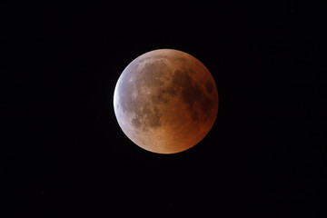 Poster - Super Bloody Moon, beginning of full eclipse end phase against starry sky background