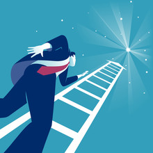 Reaching The Stars. Businessman Steps Onto Ladder Pointing To The Star. Business Concept Illustration