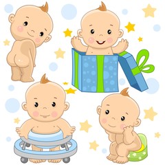 a set of illustrations of icons with a baby boy, stands with his back without clothes, on holiday he