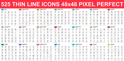 Simple set of vector thin line icons. Contains such Icons as Business, Marketing, Shopping, Banking, E-commerce, SEO, Technology, Medical, Education, Web Development, and more. Linear pictogram pack.