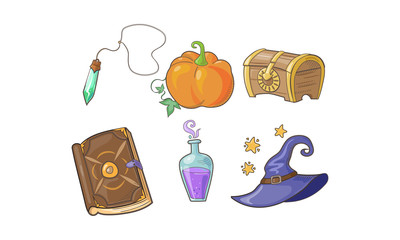 Wall Mural - magical signs set, halloween symbols, potion bottle, magic crystal, pumpkin, wizard hat, magic book 