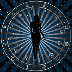 astrologic zodiac horoscope background with silhouette of woman.