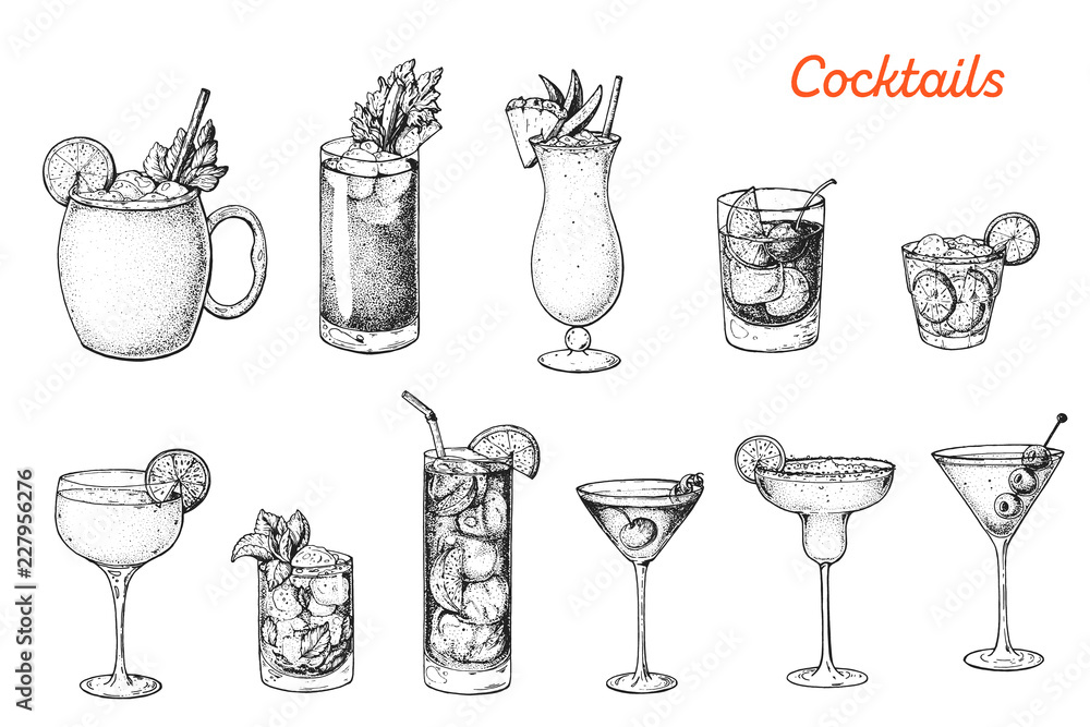 Alcoholic cocktails hand drawn vector illustration. Sketch set. Moscow mule, bloody mary, pina colada, old fashioned, caipiroska, daiquiri, mint julep, long island iced tea, manhattan, margarita. - obrazy, fototapety, plakaty 