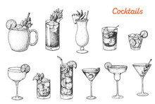 Alcoholic Cocktails Hand Drawn Vector Illustration. Sketch Set. Moscow Mule, Bloody Mary, Pina Colada, Old Fashioned, Caipiroska, Daiquiri, Mint Julep, Long Island Iced Tea, Manhattan, Margarita.