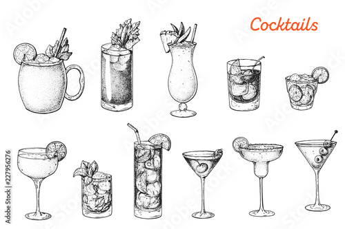 Alcoholic cocktails hand drawn vector illustration. Sketch set. Moscow