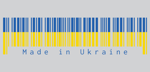 Barcode set the color of Ukraine flag, it is a banner of two equally sized horizontal bands of blue and yellow. text: Made in Ukraine. concept of sale or business.